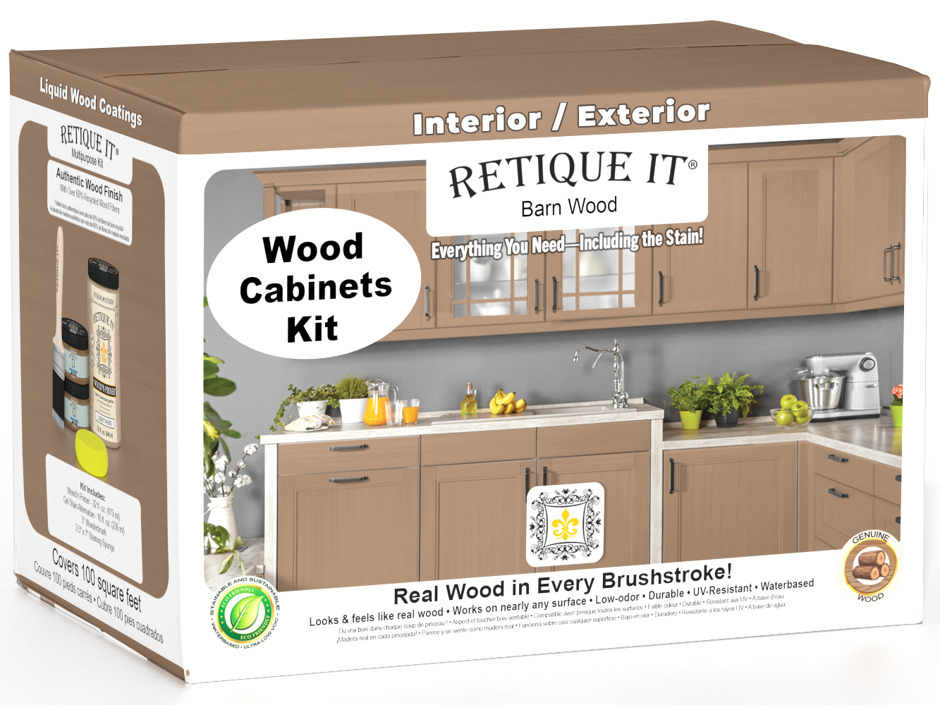 Retique It® Wood'n Cabinet Kit with 12 smooth barn wood stained cabinet doors for a stylish, rustic kitchen upgrade.