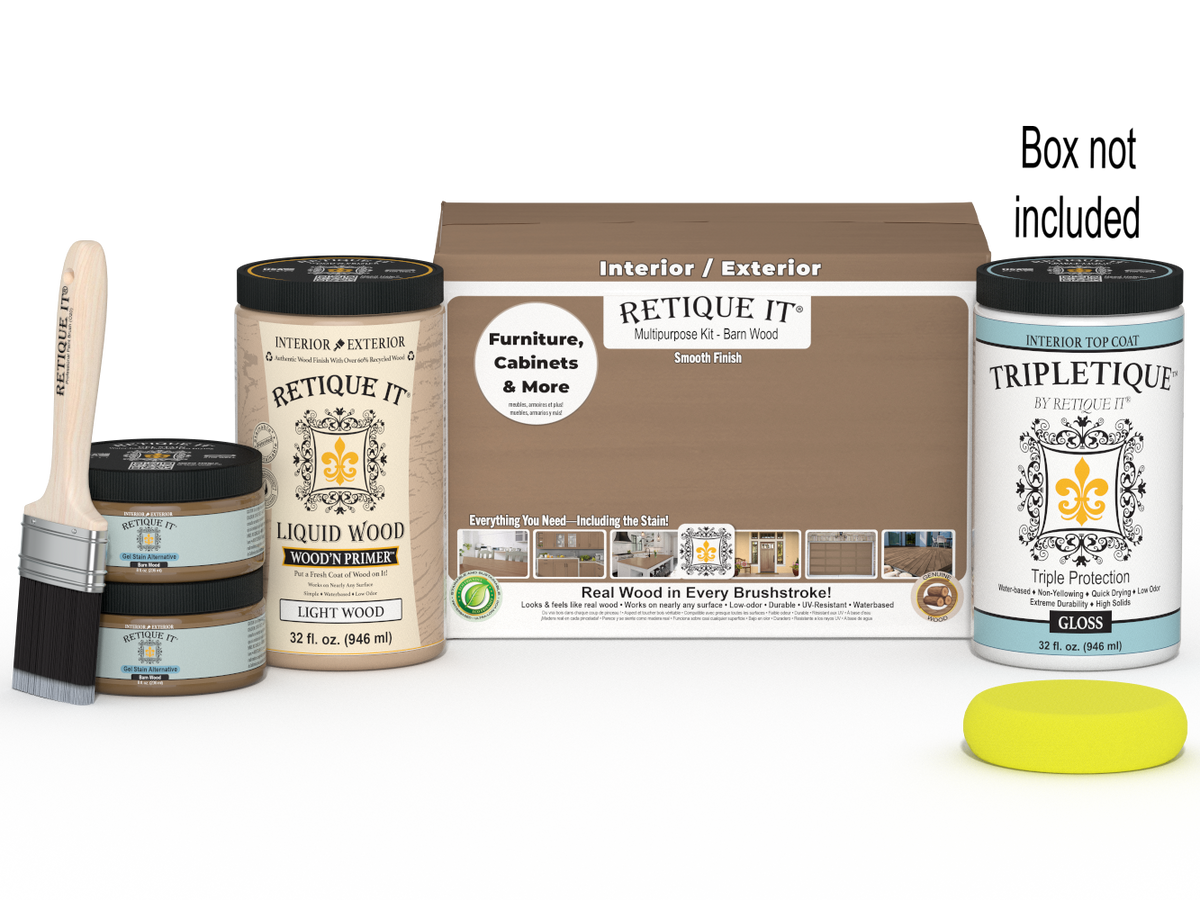 Large Barn Wood Multi-purpose Smooth Finish Kit by Retique It with interior top coat in gloss, including wood finish components and tools.