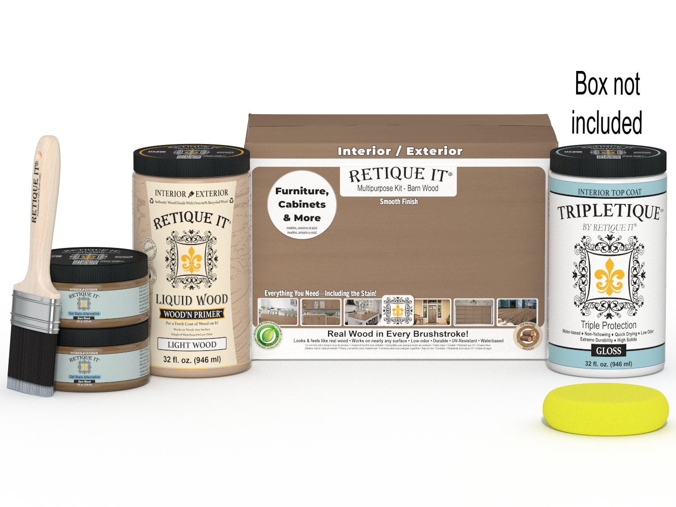 Large Barn Wood Multi-purpose Smooth Finish Kit by Retique It® with interior top coat and wood finish in a box.