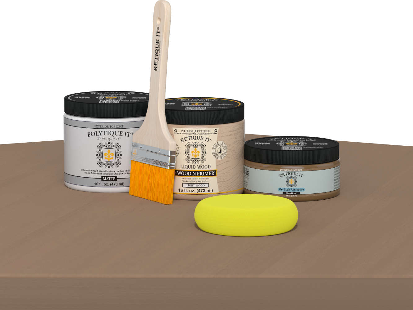 Retique It® Multi-purpose Smooth Finish Kit in Barn Wood for exterior wood projects, featuring satin top coat and matte table display.