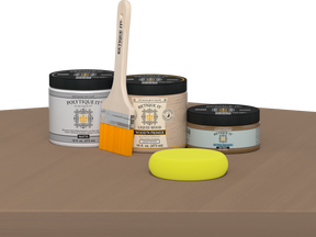 Retique It® Multi-purpose Smooth Finish Kit in Barn Wood for exterior wood projects, featuring satin top coat and matte table display.
