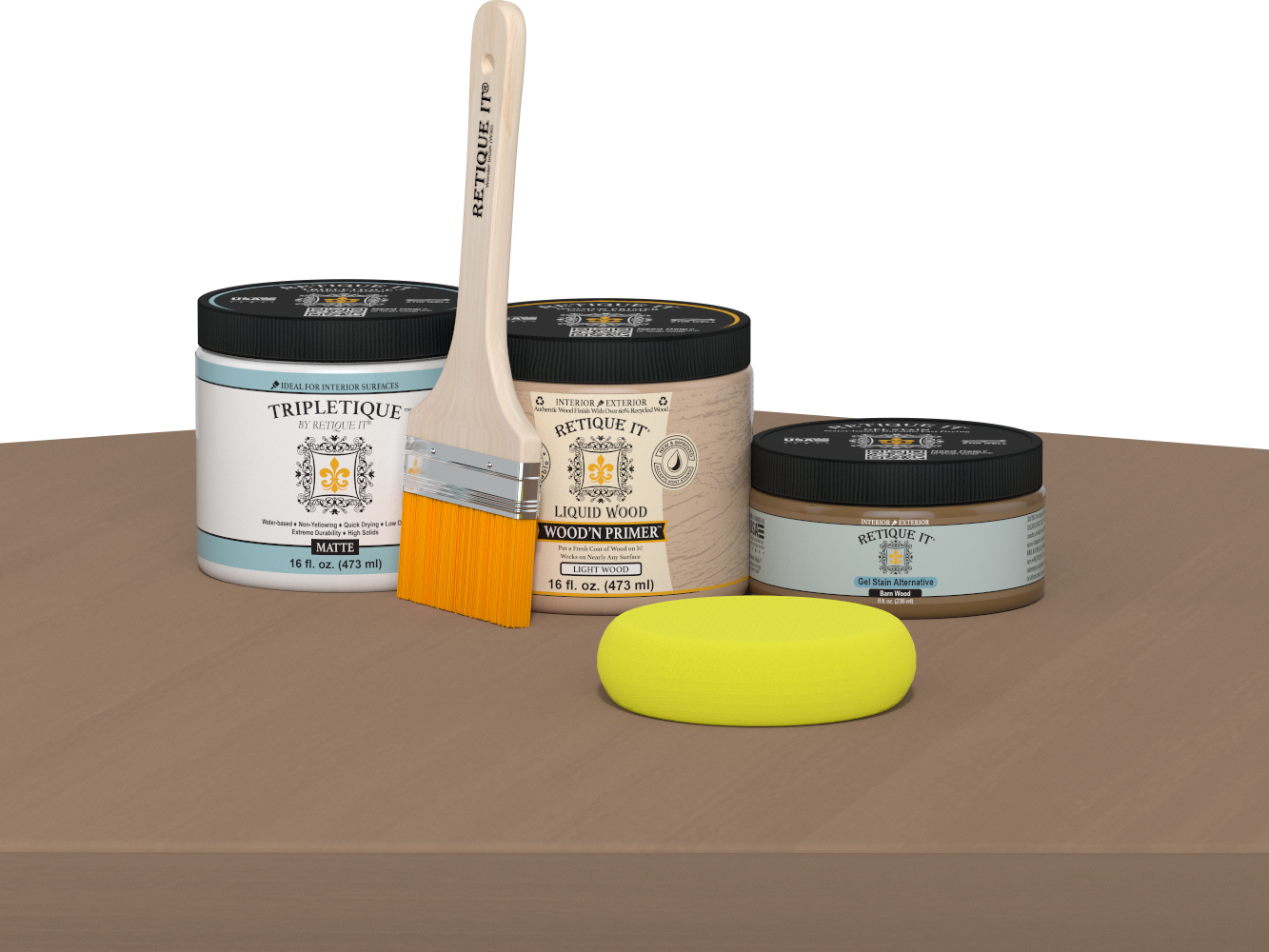 Retique It® Multi-purpose Smooth Finish Kit in Barn Wood for interior use, featuring a satin top coat with a matte table surface.