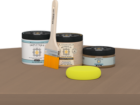 Retique It® Multi-purpose Smooth Finish Kit in Barn Wood for interior use, featuring a satin top coat with a matte table surface.