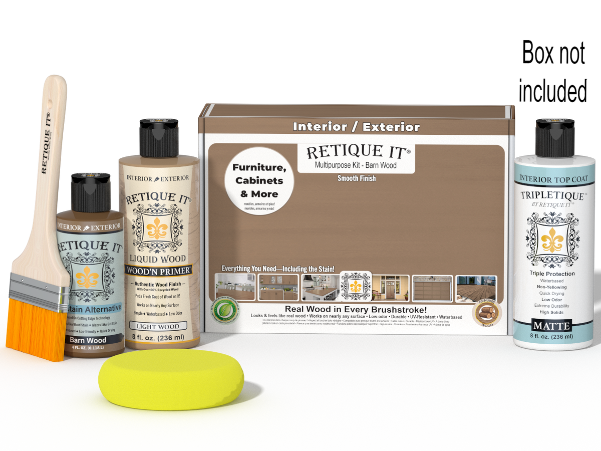 Retique It® Barn Wood kit with brush, Wood’n Primer, Barn Wood stain alternative, Tripletique top coat, and box not included.
