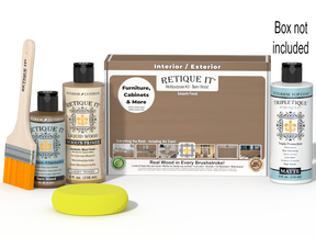 Retique It® Barn Wood kit with brush, Wood’n Primer, Barn Wood stain alternative, Tripletique top coat, and box not included.