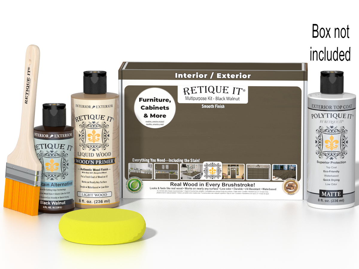 Retique It Black Walnut Kit with box, Matte Polytique It, Light Wood Wood'n Primer, Black Walnut Gel Stain Alternative, paintbrush, and yellow sponge.