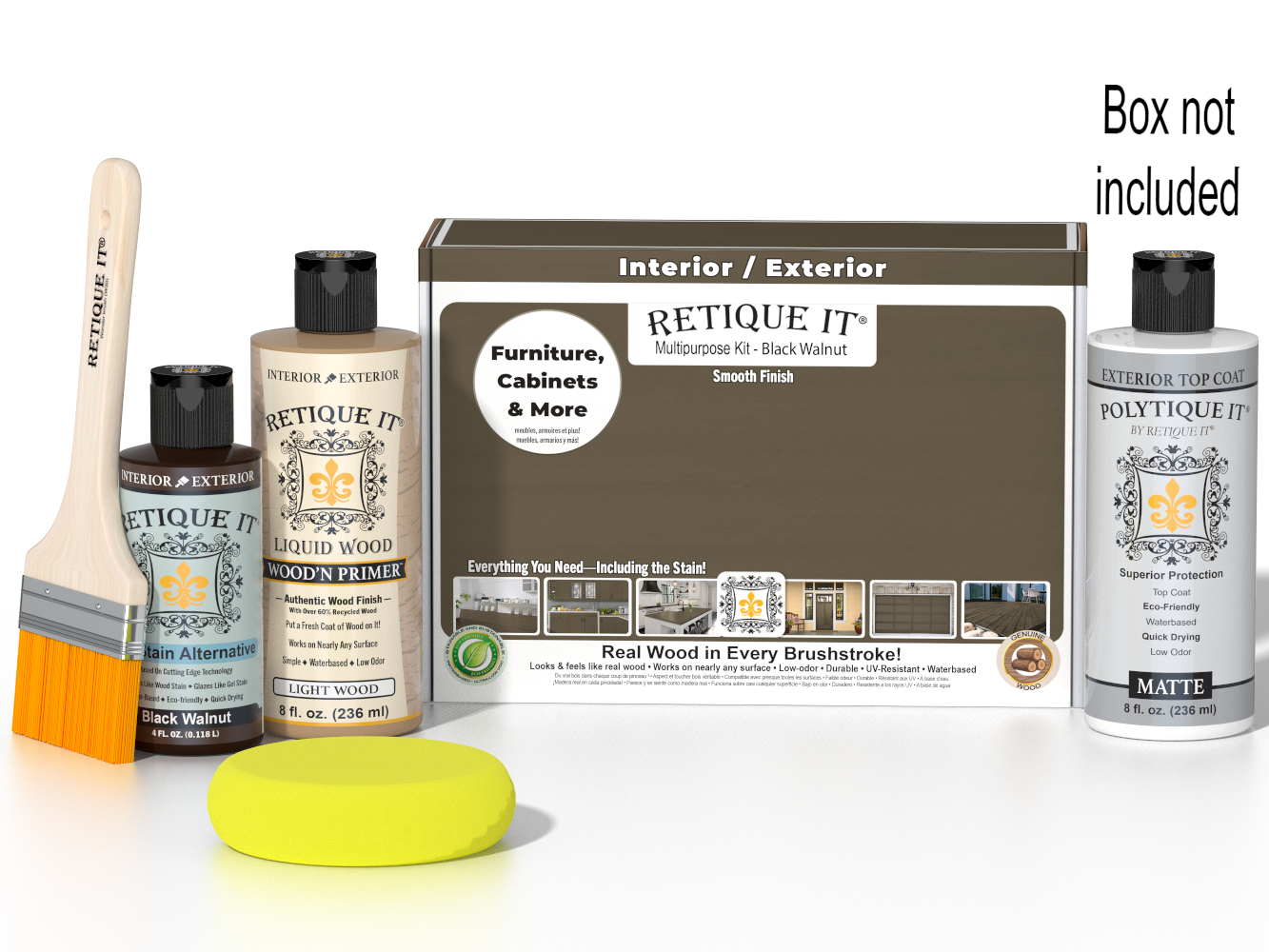 Retique It Black Walnut Kit with box, Matte Polytique It, Light Wood Wood'n Primer, Black Walnut Gel Stain Alternative, paintbrush, and yellow sponge.