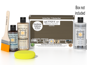 Retique It Black Walnut Kit with box, Matte Polytique It, Light Wood Wood'n Primer, Black Walnut Gel Stain Alternative, paintbrush, and yellow sponge.