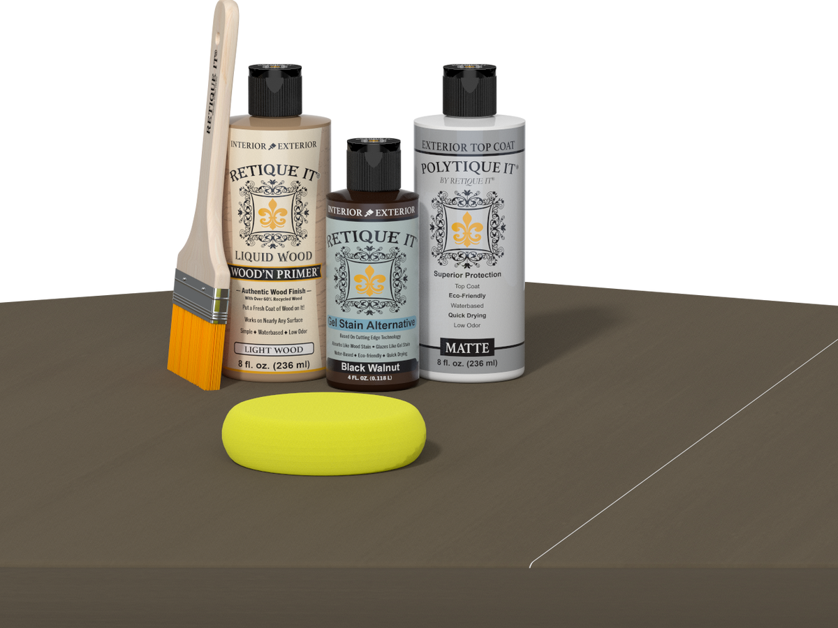 Retique It Black Walnut Kit with Matte Polytique It, Light Wood Wood'n Primer, Black Walnut Gel Stain Alternative, paintbrush, and yellow sponge on a tabletop.