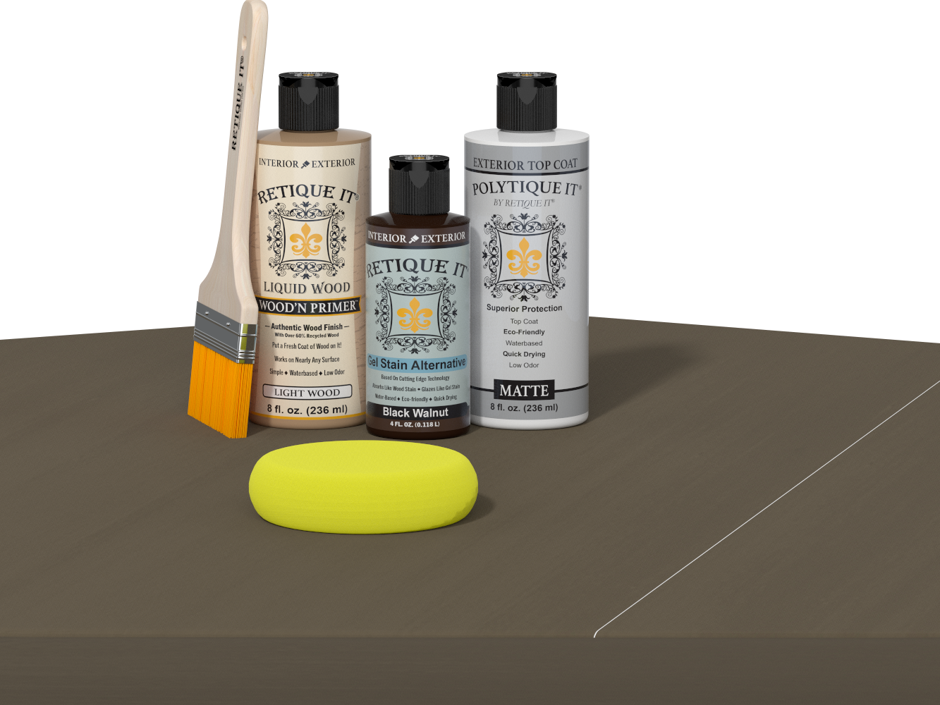 Retique It Black Walnut Kit with Matte Polytique It, Light Wood Wood'n Primer, Black Walnut Gel Stain Alternative, paintbrush, and yellow sponge on a tabletop.