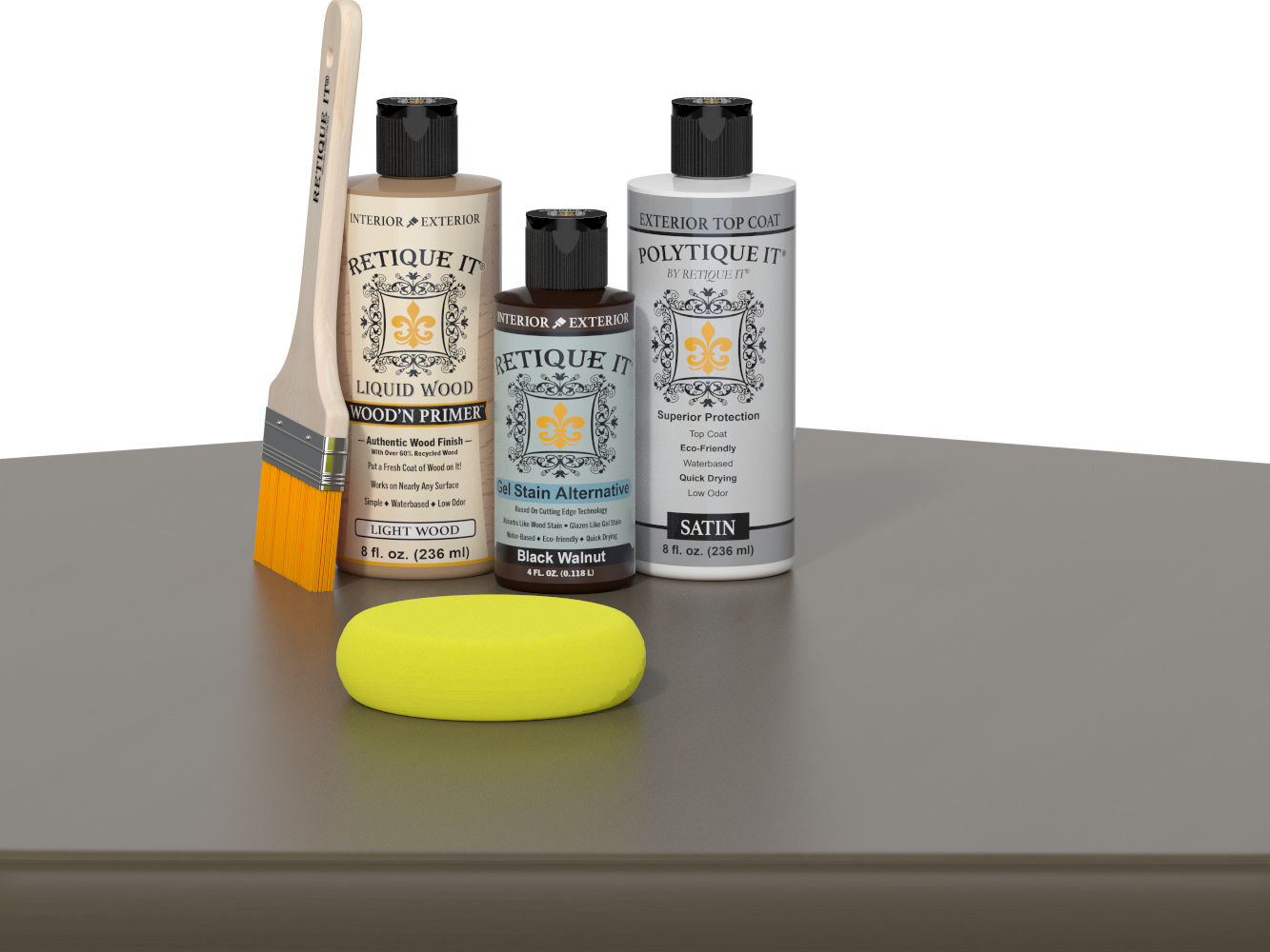 Retique It Black Walnut Kit with Satin Polytique It, Light Wood Wood'n Primer, Black Walnut Gel Stain Alternative, paintbrush, and yellow sponge on a tabletop.