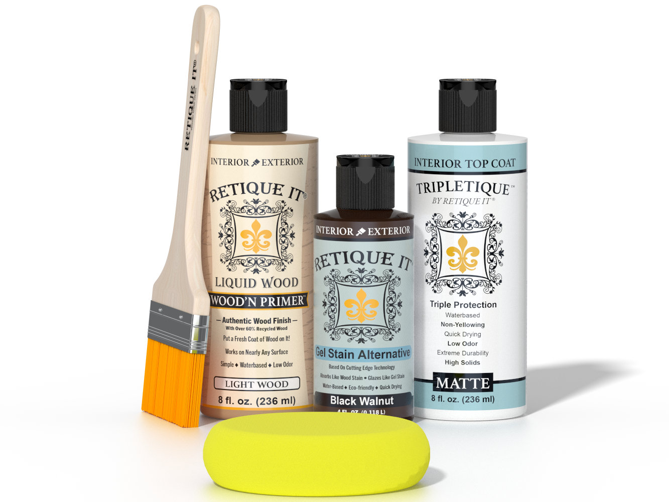 Retique It® Black Walnut kit with brush, Wood’n Primer, Black Walnut stain alternative, matte top coat, and yellow sponge.
