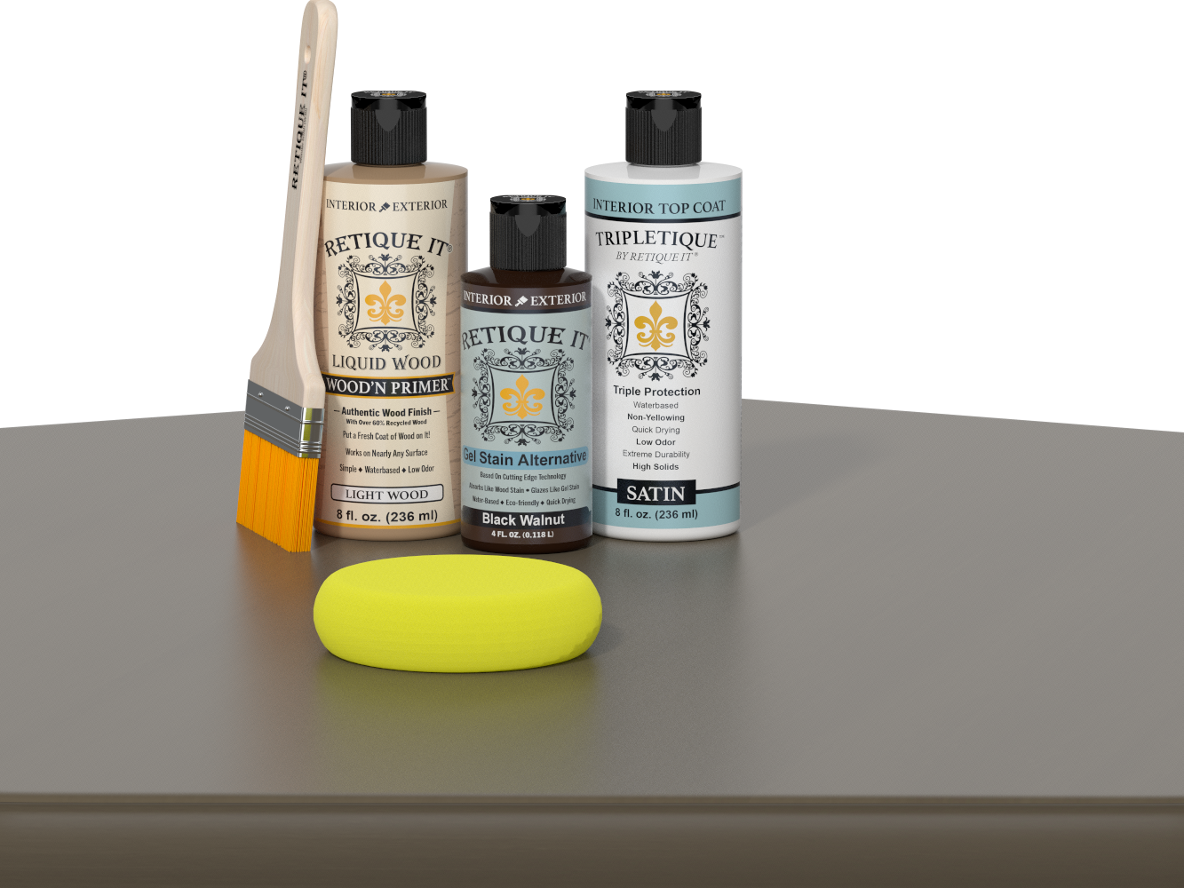 Retique It® Black Walnut kit with brush, Wood’n Primer, satin top coat, and yellow sponge on a wood surface.