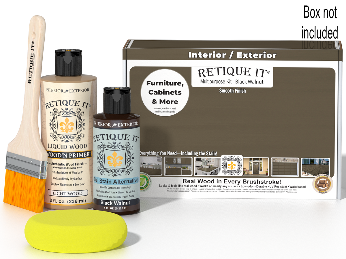 Retique It Black Walnut Kit with box, Light Wood Wood'n Primer, Black Walnut Gel Stain Alternative, paintbrush, and yellow sponge.
