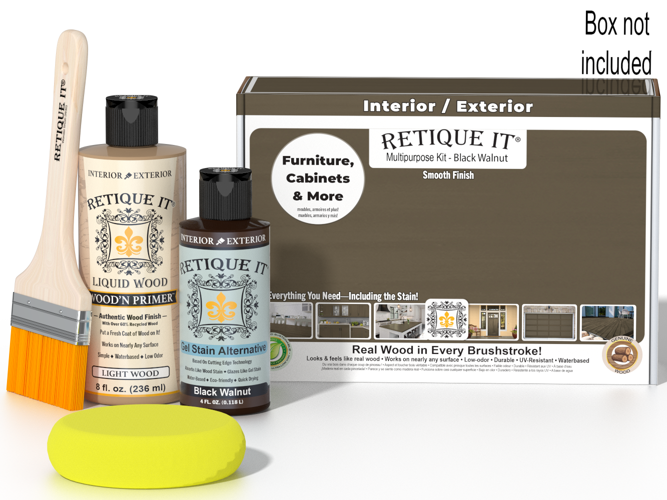 Retique It Black Walnut Kit with box, Light Wood Wood'n Primer, Black Walnut Gel Stain Alternative, paintbrush, and yellow sponge.