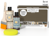 Retique It Black Walnut Kit with box, Light Wood Wood'n Primer, Black Walnut Gel Stain Alternative, paintbrush, and yellow sponge.