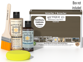 Retique It Black Walnut Kit with box, Light Wood Wood'n Primer, Black Walnut Gel Stain Alternative, paintbrush, and yellow sponge.