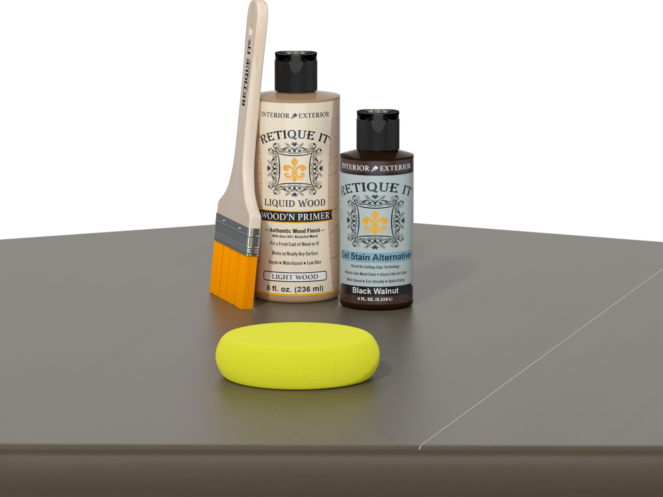 Retique It Black Walnut Kit with Light Wood Wood'n Primer, Black Walnut Gel Stain Alternative, paintbrush, and yellow sponge on a tabletop.