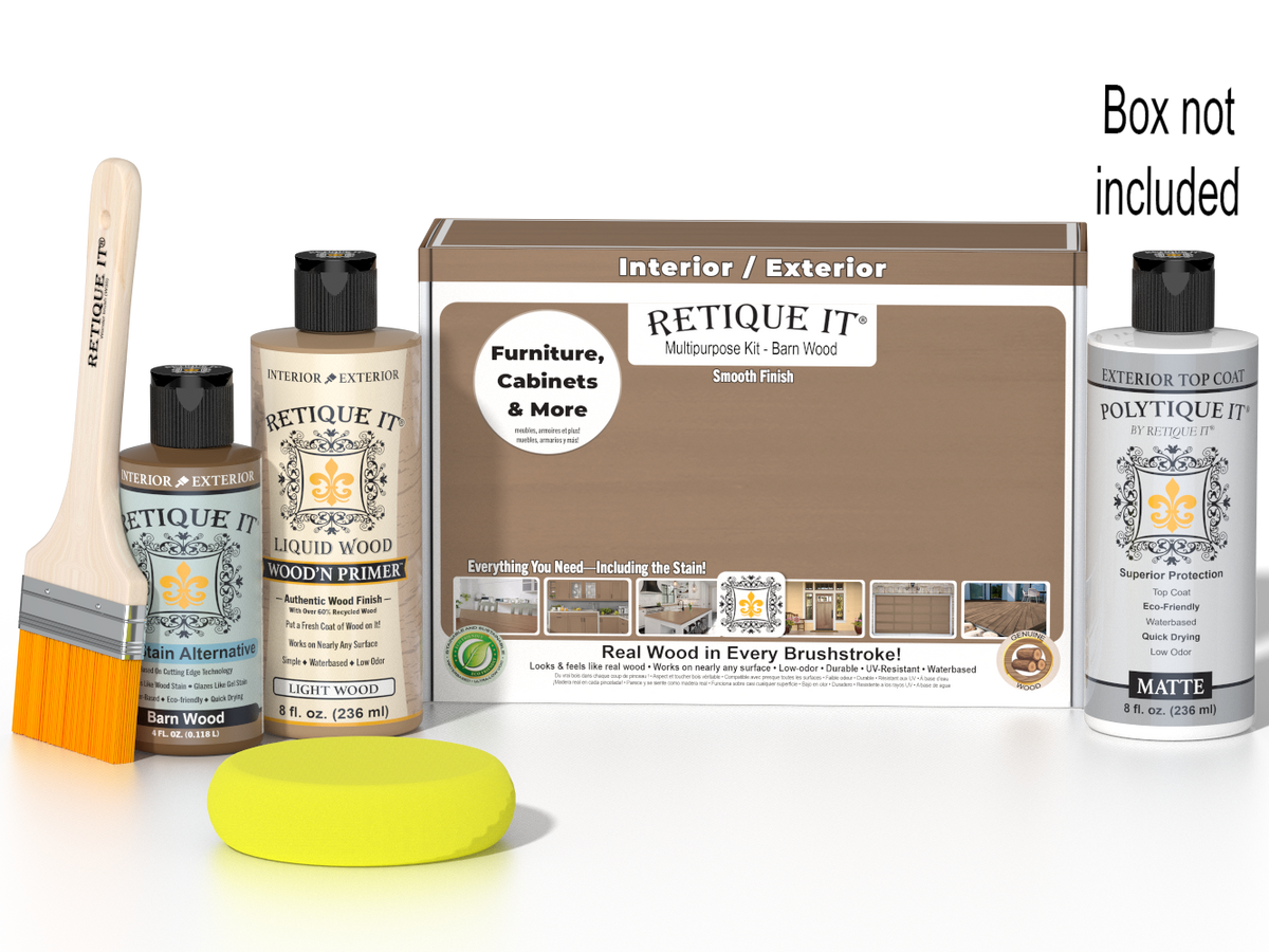 Retique It® Barn Wood kit with brush, Wood’n Primer, Barn Wood stain alternative, matte top coat, yellow sponge, and box not included.