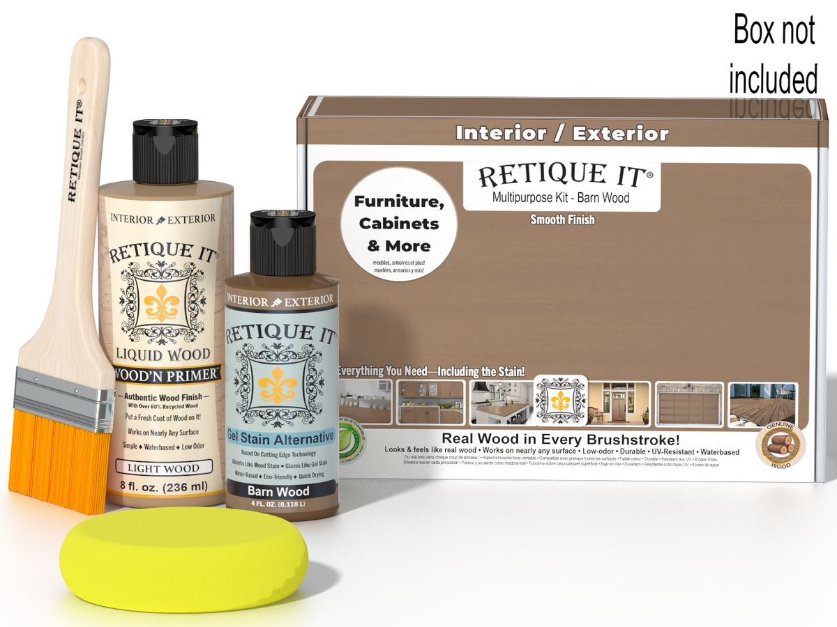 Retique It® Barn Wood kit with brush, Wood’n Primer, Barn Wood stain alternative, and yellow sponge.