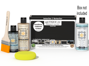 Retique It® Multipurpose Kit - Classic Black with primer, gel stain alternative, matte topcoat, brush, roller, yellow sponge, and red graining tools beside the box.