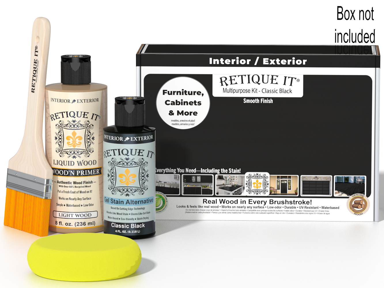 Retique It® Classic Black Brush-On Kit shown with the Classic Black Multipurpose Kit box, brush, Light Wood primer, Classic Black Gel Stain Alternative, and a yellow sponge.