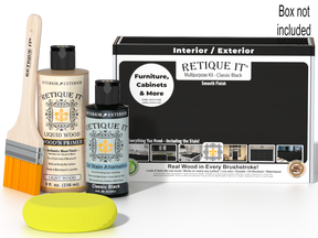 Retique It® Classic Black Brush-On Kit shown with the Classic Black Multipurpose Kit box, brush, Light Wood primer, Classic Black Gel Stain Alternative, and a yellow sponge.