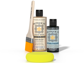 Retique It® Classic Black Brush-On Kit includes a brush, Light Wood primer, Classic Black Gel Stain Alternative, and a yellow sponge.