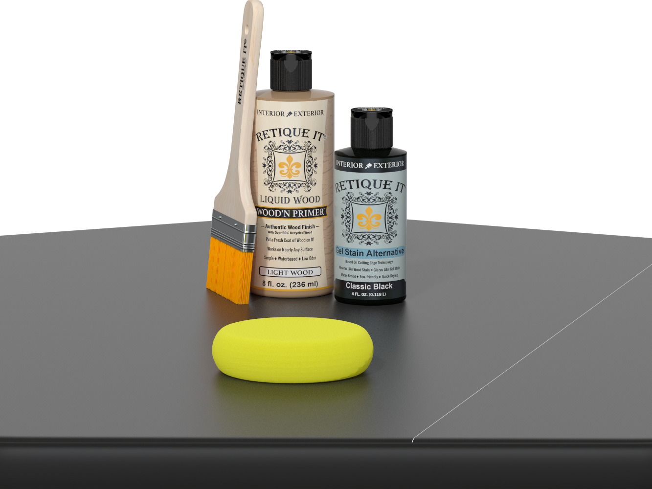 Retique It® Classic Black Brush-On Kit includes a brush, Light Wood primer, Classic Black Gel Stain Alternative, and a yellow sponge.