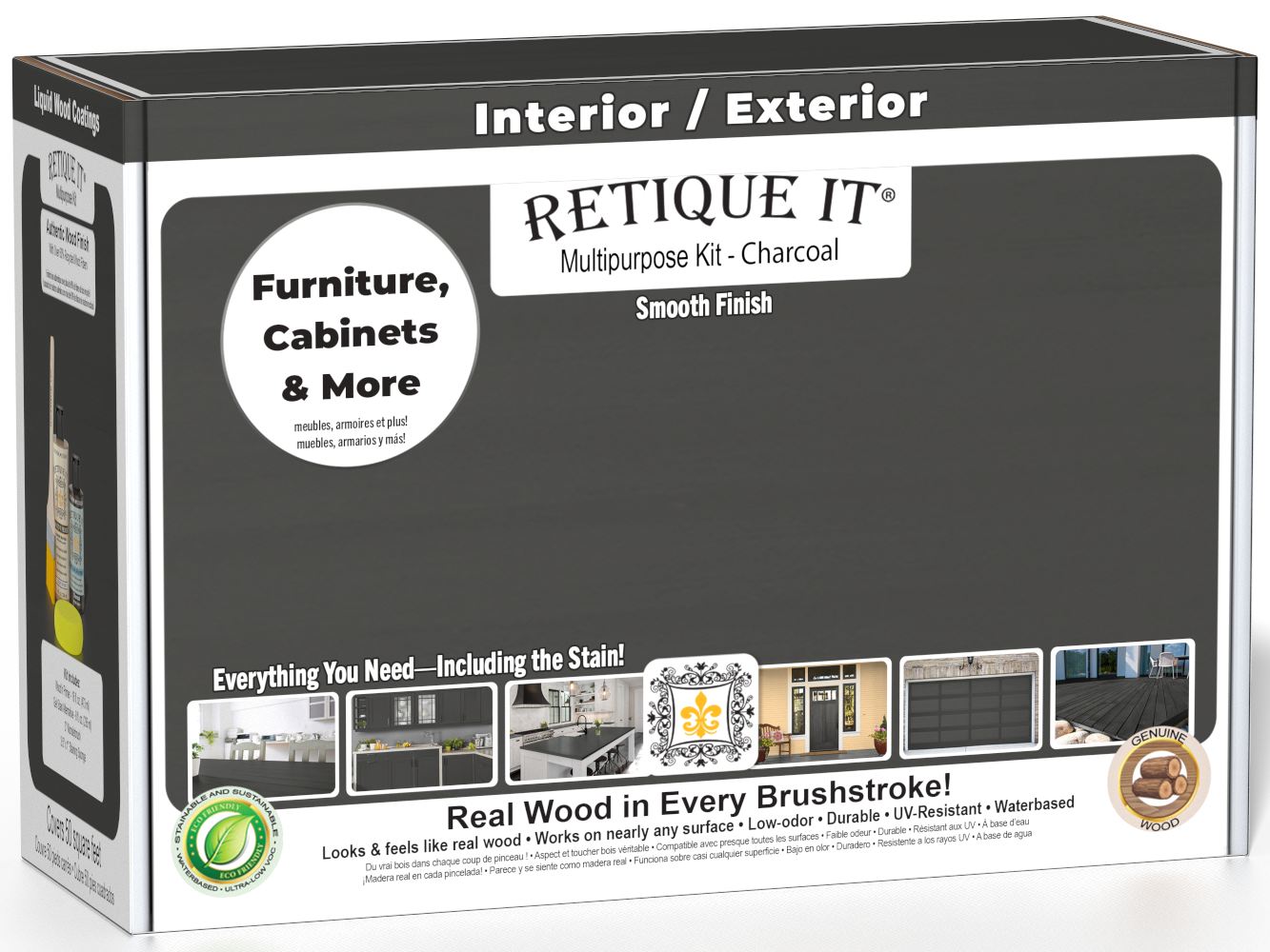 Retique It® Charcoal Brush-On Multipurpose Kit box featuring a charcoal finish and project examples for furniture, cabinets, doors, decks, and more.