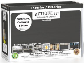 Retique It® Charcoal Brush-On Multipurpose Kit box featuring a charcoal finish and project examples for furniture, cabinets, doors, decks, and more.