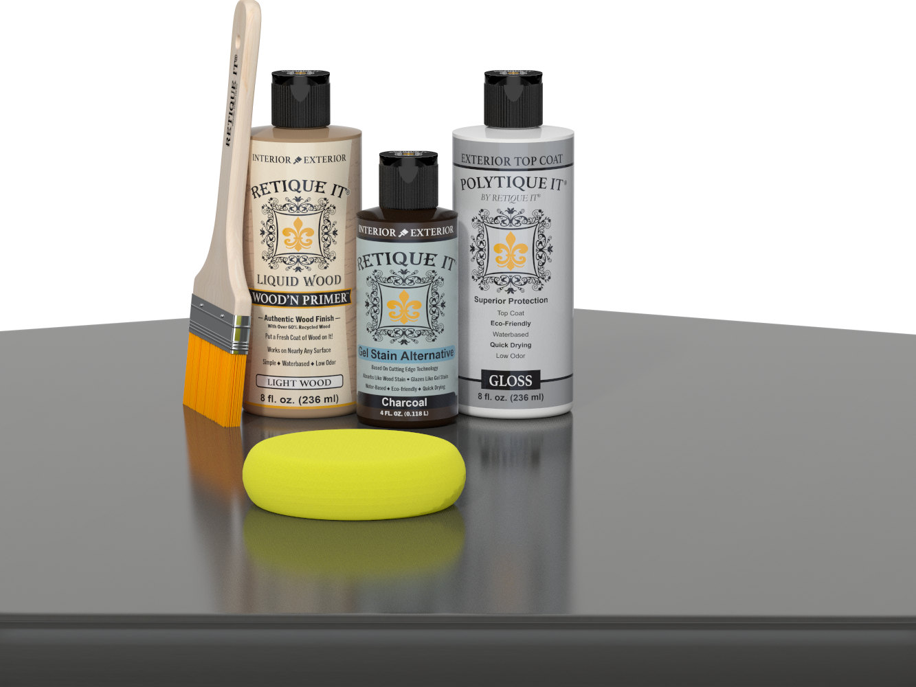 Retique It® Charcoal Brush-On Kit with Gloss PolyTique® includes a brush, Light Wood primer, Charcoal Gel Stain Alternative, Gloss PolyTique® top coat, and a yellow sponge.