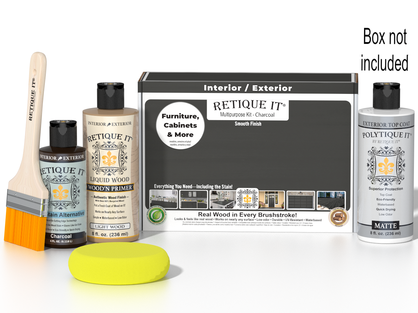 Retique It® Charcoal Brush-On Kit shown with the Charcoal Multipurpose Kit box, brush, Light Wood primer, Charcoal Gel Stain Alternative, Matte PolyTique® top coat, and a yellow sponge.