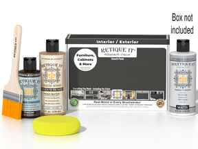 Retique It® Charcoal Brush-On Kit shown with the Charcoal Multipurpose Kit box, brush, Light Wood primer, Charcoal Gel Stain Alternative, Matte PolyTique® top coat, and a yellow sponge.