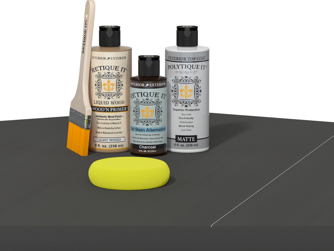 Retique It® Charcoal Brush-On Kit with Matte PolyTique® includes a brush, Light Wood primer, Charcoal Gel Stain Alternative, Matte PolyTique® top coat, and a yellow sponge.