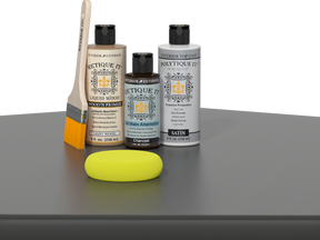Retique It® Charcoal Brush-On Kit with Satin PolyTique® includes a brush, Light Wood primer, Charcoal Gel Stain Alternative, Satin PolyTique® top coat, and a yellow sponge.
