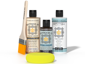 Retique It® Light Wood Wood’n Primer with Charcoal Gel Stain Alternative, matte topcoat, brush, and yellow sponge.