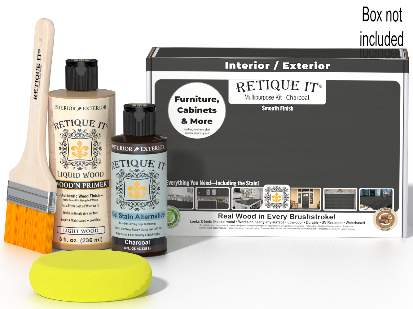 Retique It® Charcoal Brush-On Kit shown with the Charcoal Multipurpose Kit box, brush, Light Wood primer, Charcoal Gel Stain Alternative, and a yellow sponge.