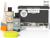 Retique It® Charcoal Brush-On Kit shown with the Charcoal Multipurpose Kit box, brush, Light Wood primer, Charcoal Gel Stain Alternative, and a yellow sponge.