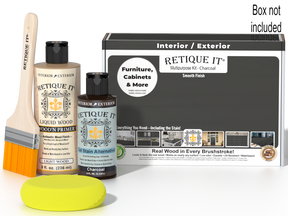 Retique It® Charcoal Brush-On Kit shown with the Charcoal Multipurpose Kit box, brush, Light Wood primer, Charcoal Gel Stain Alternative, and a yellow sponge.