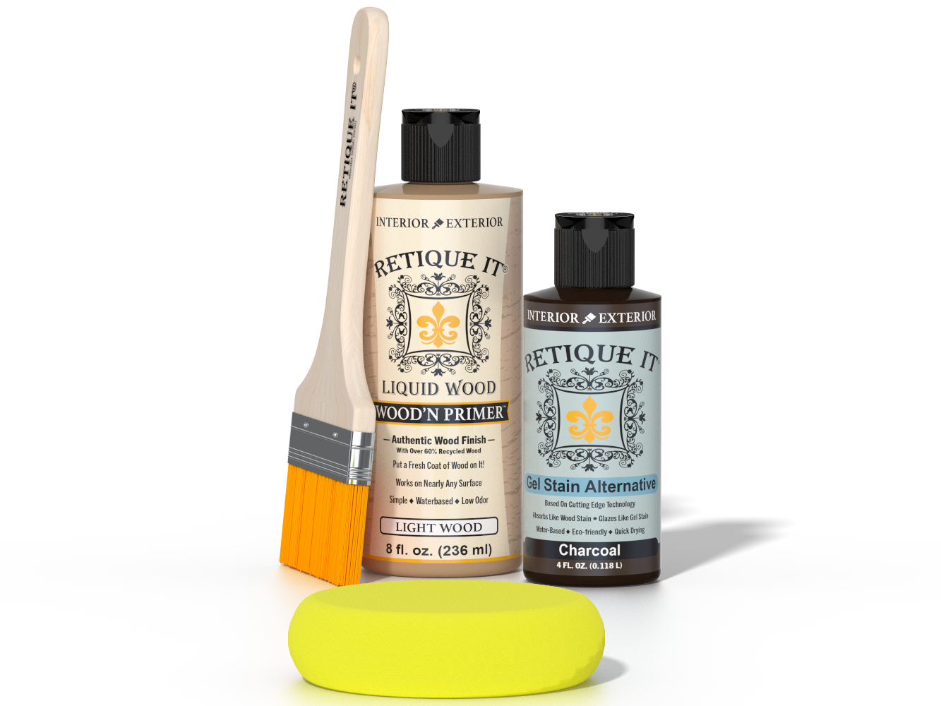 Retique It® Charcoal Brush-On Kit includes a brush, Light Wood primer, Charcoal Gel Stain Alternative, and a yellow sponge.