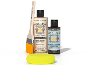 Retique It® Charcoal Brush-On Kit includes a brush, Light Wood primer, Charcoal Gel Stain Alternative, and a yellow sponge.