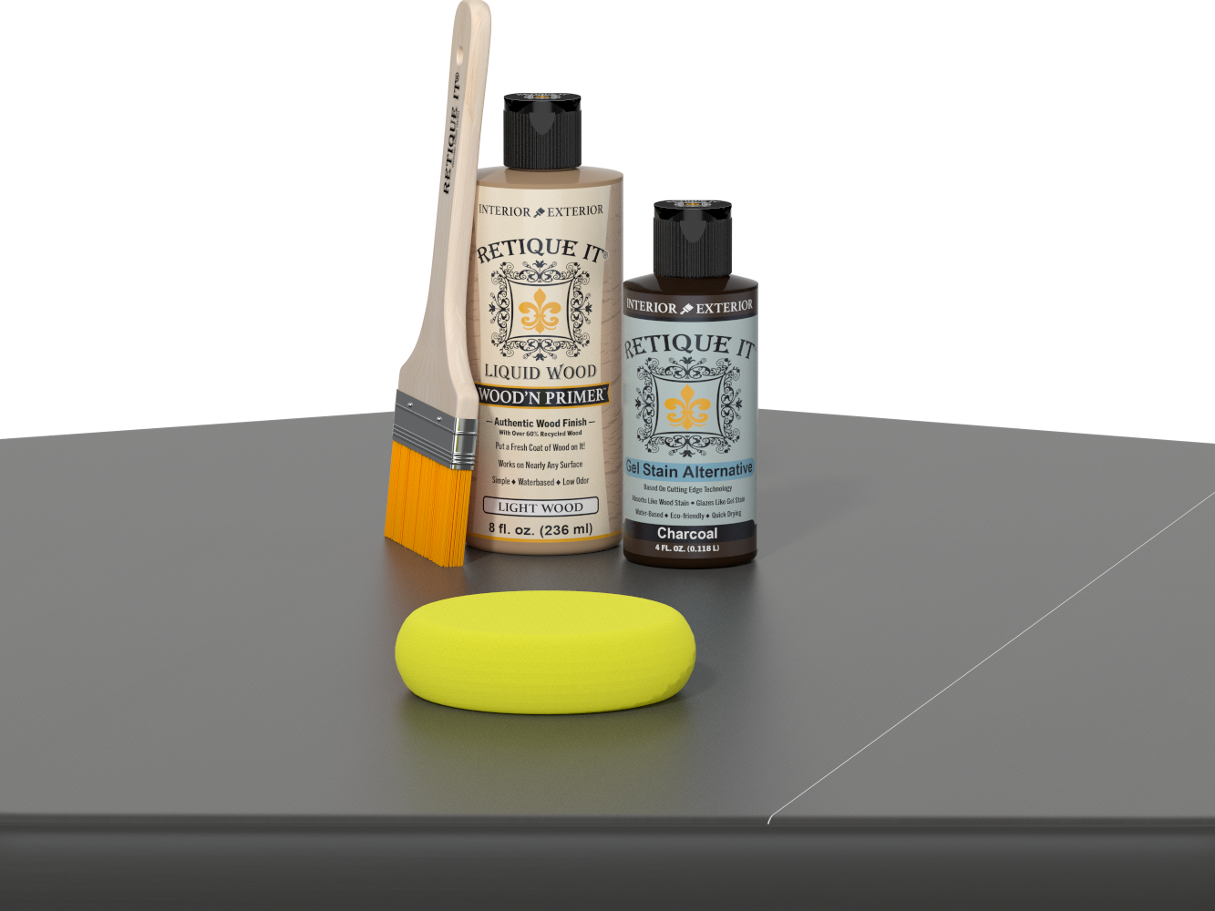 Retique It® Charcoal Brush-On Kit includes a brush, Light Wood primer, Charcoal Gel Stain Alternative, and a yellow sponge.