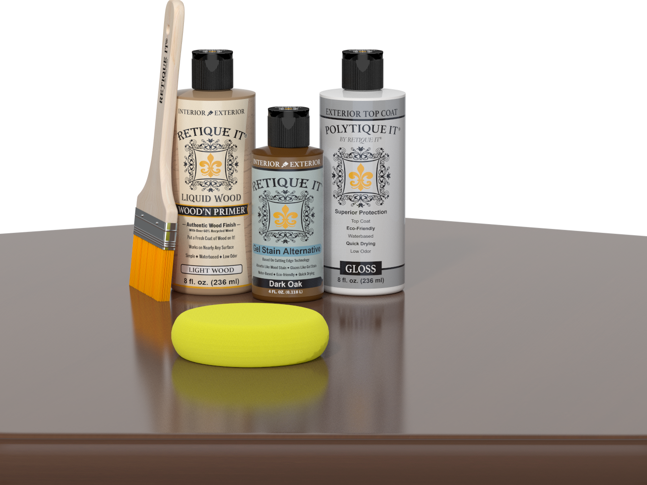 Retique It® Light Wood Wood’n Primer with Dark Oak Gel Stain Alternative, gloss topcoat, brush, and yellow sponge on a reflective tabletop.