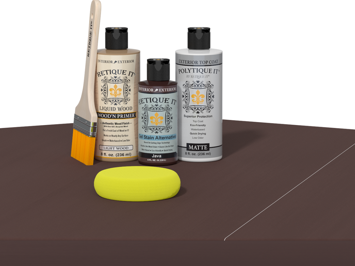 Retique It® Light Wood Wood’n Primer with Java Gel Stain Alternative, matte topcoat, brush, and yellow sponge on a dark tabletop.