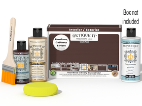 Retique It® Multipurpose Kit - Java with primer, gel stain alternative, matte topcoat, brush, sponge, and packaging.