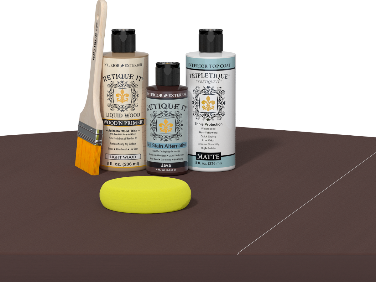 Retique It® Light Wood Wood’n Primer with Java Gel Stain Alternative, matte topcoat, brush, and yellow sponge on a dark tabletop.