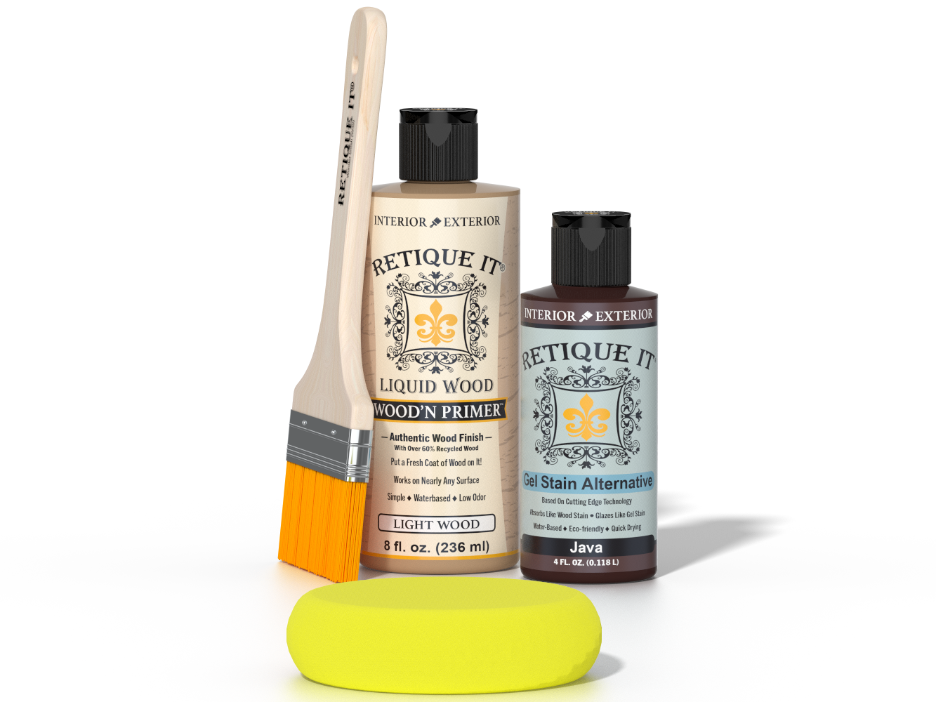 Retique It® Light Wood Wood’n Primer with Java Gel Stain Alternative, brush, and yellow sponge.