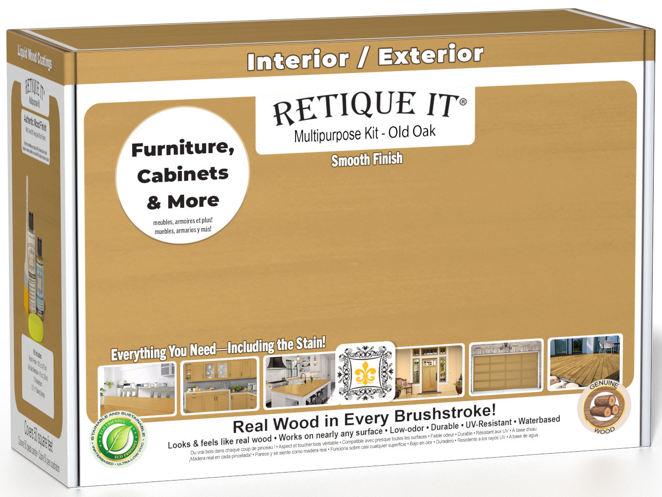 Retique It® Old Oak Brush-On Multipurpose Kit box featuring an Old Oak finish and project examples for furniture, cabinets, doors, decks, and more.