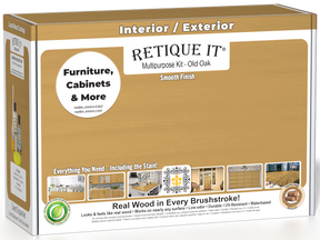 Retique It® Old Oak Brush-On Multipurpose Kit box featuring an Old Oak finish and project examples for furniture, cabinets, doors, decks, and more.